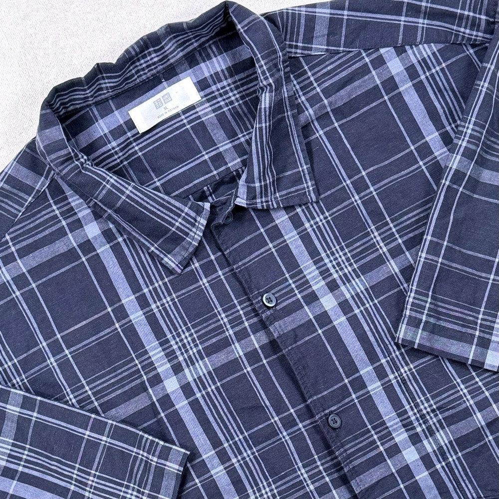 Uniqlo Navy Blue Plaid Linen Cotton Blend XL Short Sleeve Button Front Shirt - Picture 7 of 10